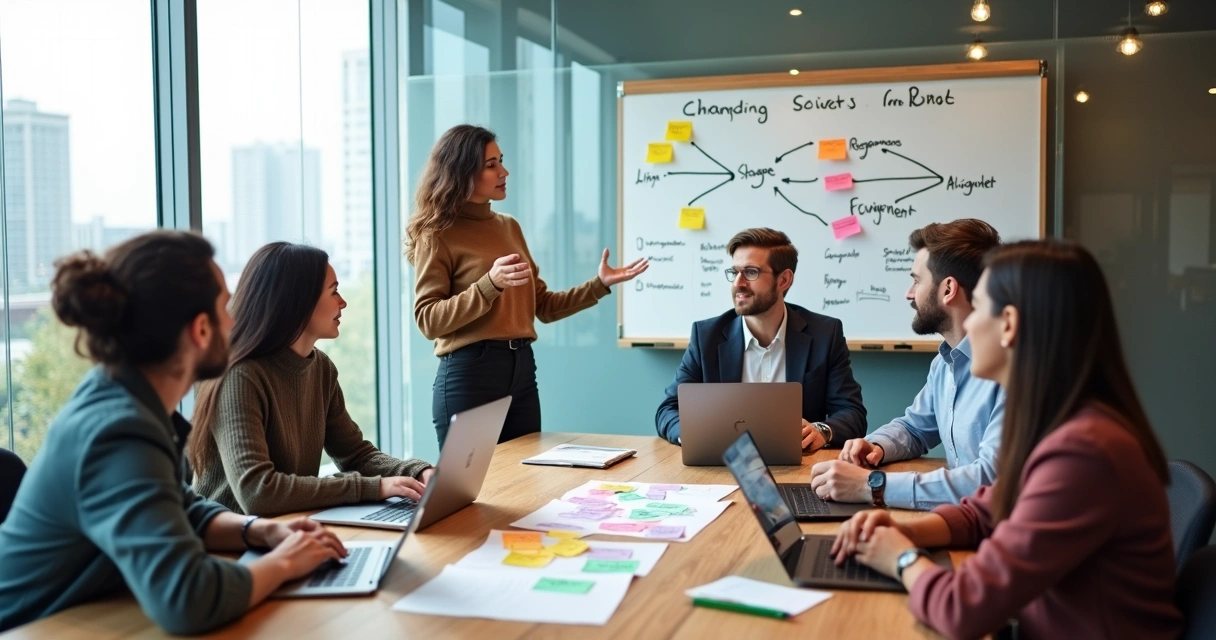 Equipo diverso en reunión colaborativa planificando un proceso de cambio consciente 