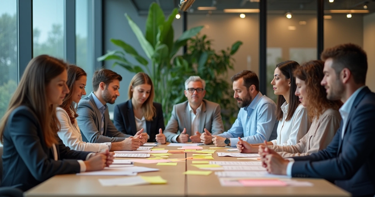 Equipo en reunión reflexionando juntos en sala moderna 