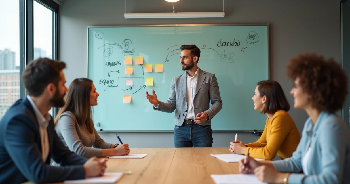 Equipo de trabajo en reunión buscando claridad emocional frente a una pizarra 