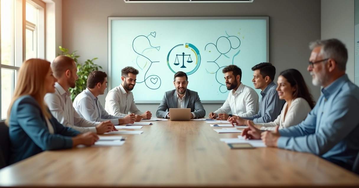 Equipo de trabajo diverso en reunión colaborativa con símbolos de ética y coherencia en la sala 