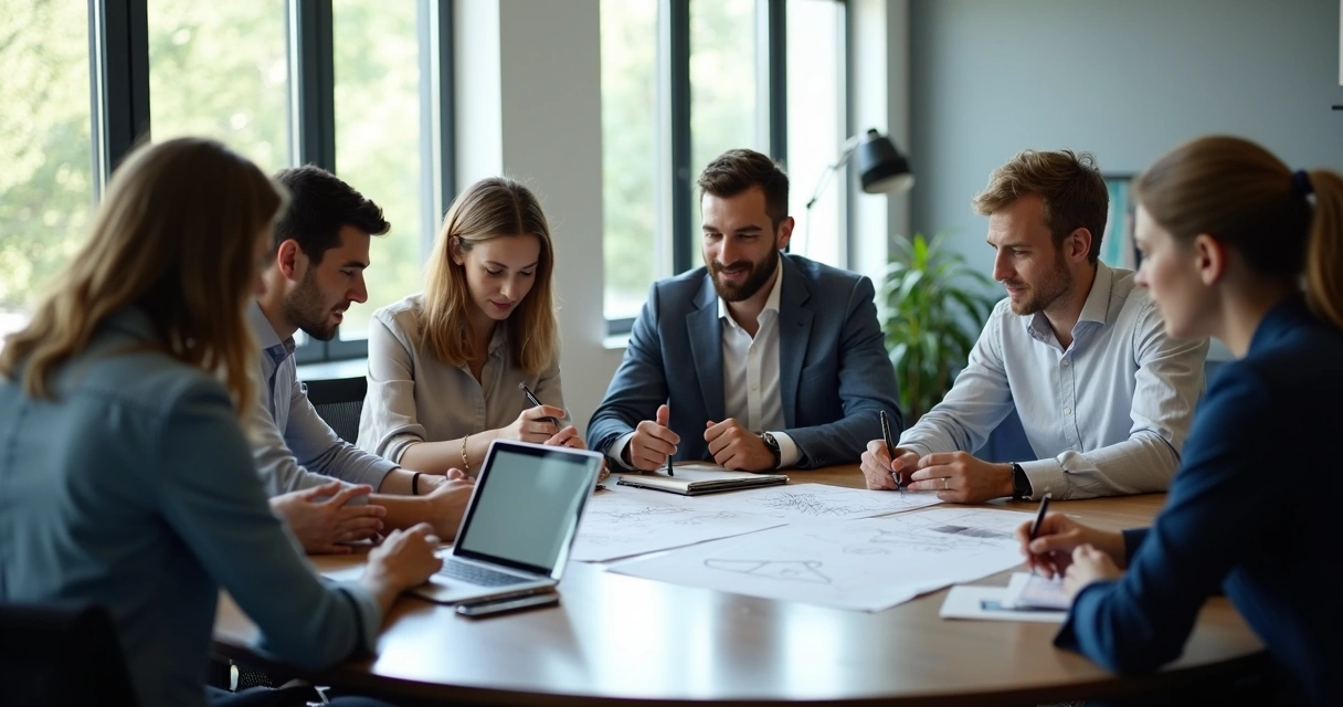 Reunión de grupo interdisciplinario colaborando en una mesa redonda