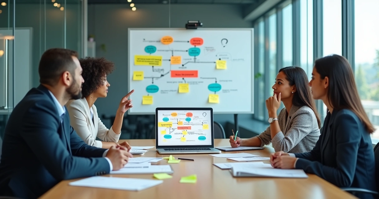 Equipo en reunión analizando comunicación interna en una sala de oficina moderna 