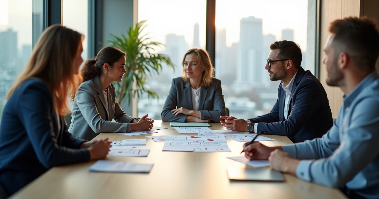 Equipo diverso en reunión aplicando comunicación no violenta en oficina moderna 