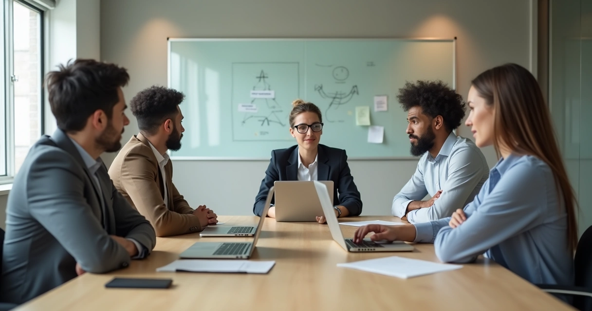 Equipo en reunión de trabajo con comunicación tensa y desconectada 