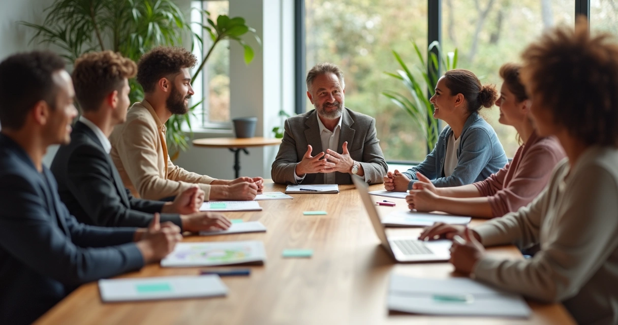 Equipo diverso en reunión practicando conciencia emocional 