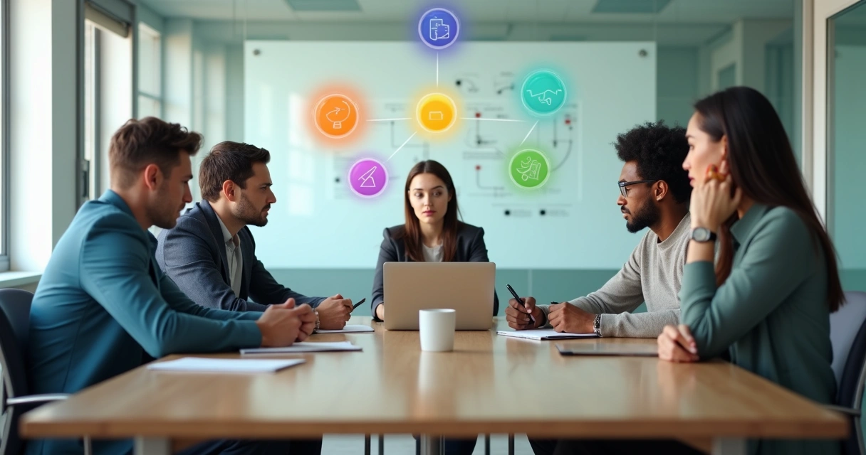 Equipo de trabajo en reunión con tensiones internas y enfoque en la reflexión personal 