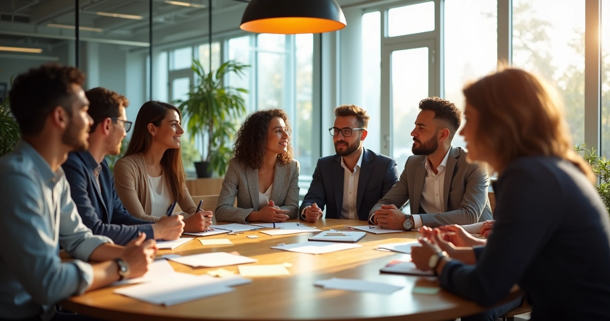 Personas en reunión laboral hablando y compartiendo ideas alrededor de una mesa redonda 