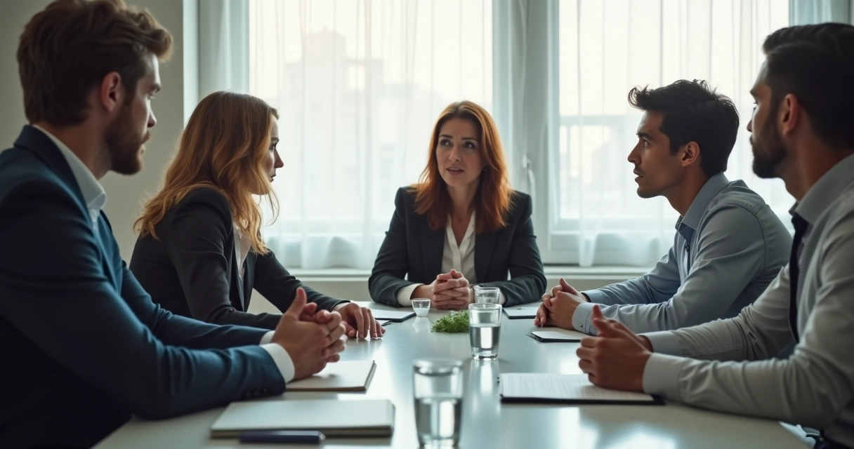 Equipo reunido con actitud serena en una situación de crisis