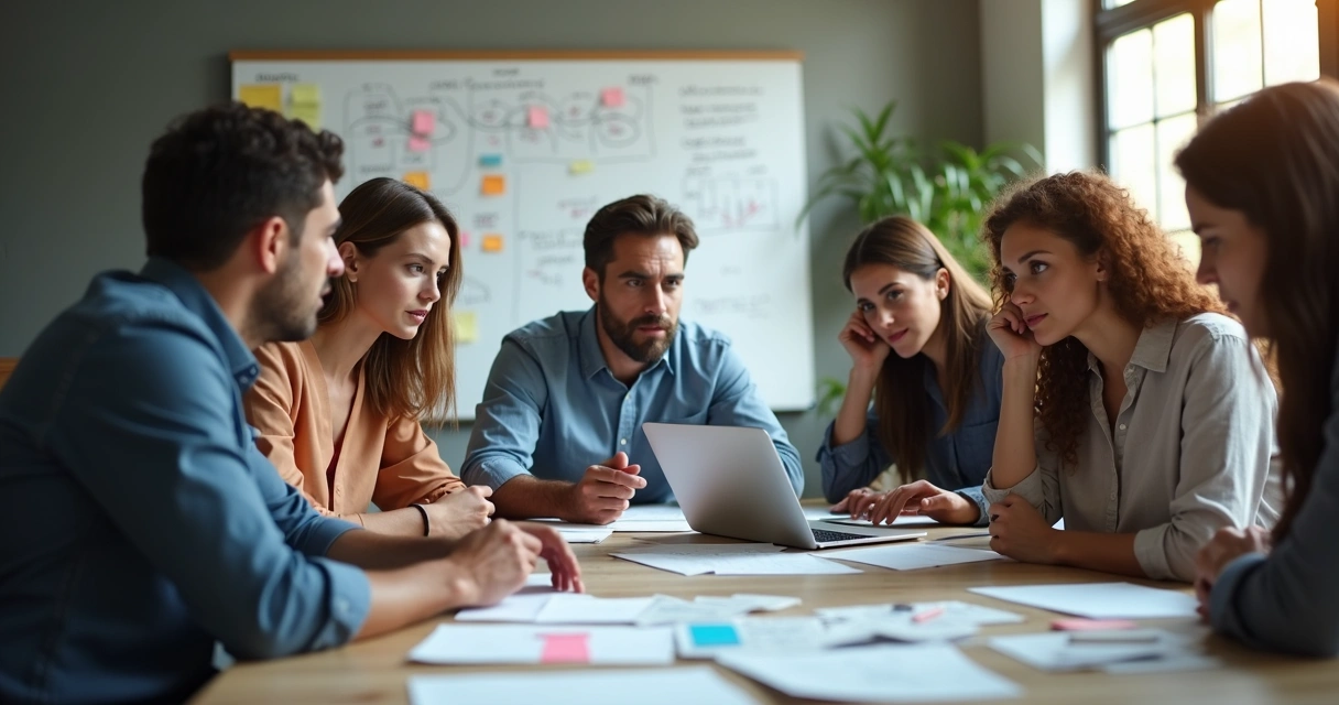 Equipo en reunión frente a una pizarra con notas de colores, manifestando análisis y diálogo durante una crisis 