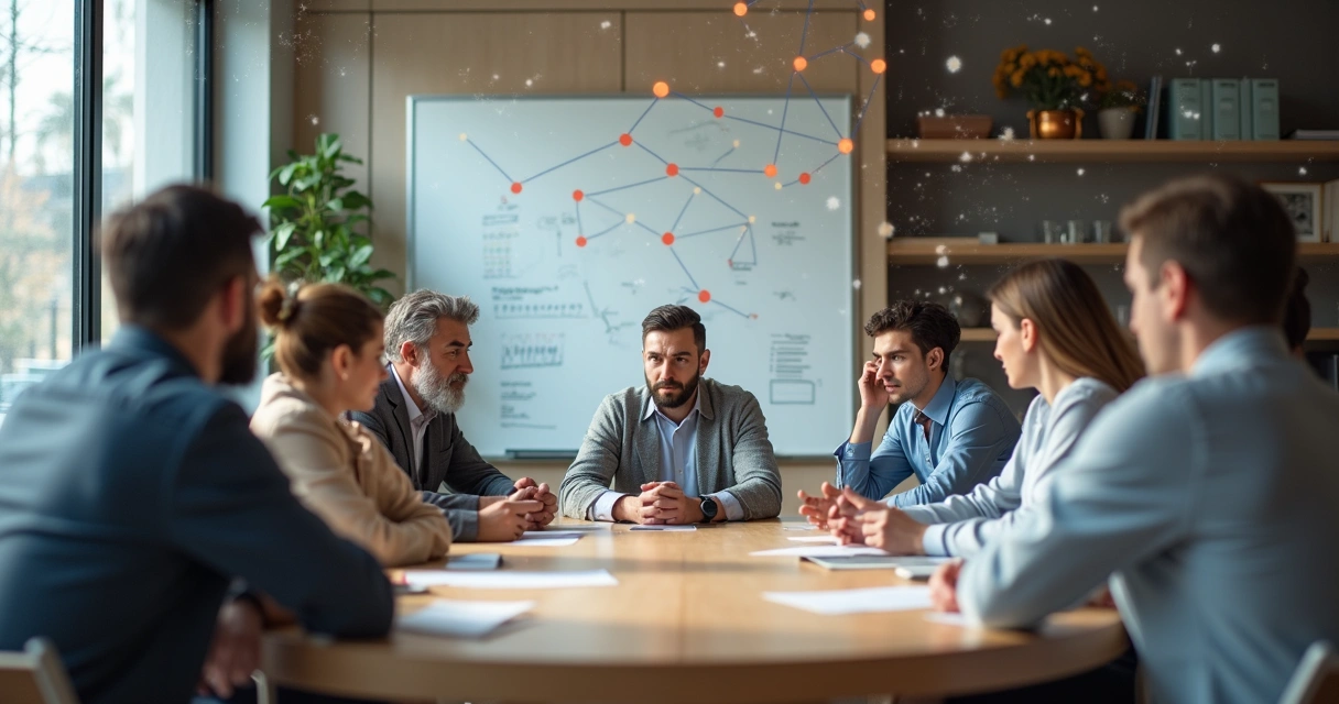 Grupo de trabajo en mesa redonda con tensión emocional y conexiones abstractas en el aire 