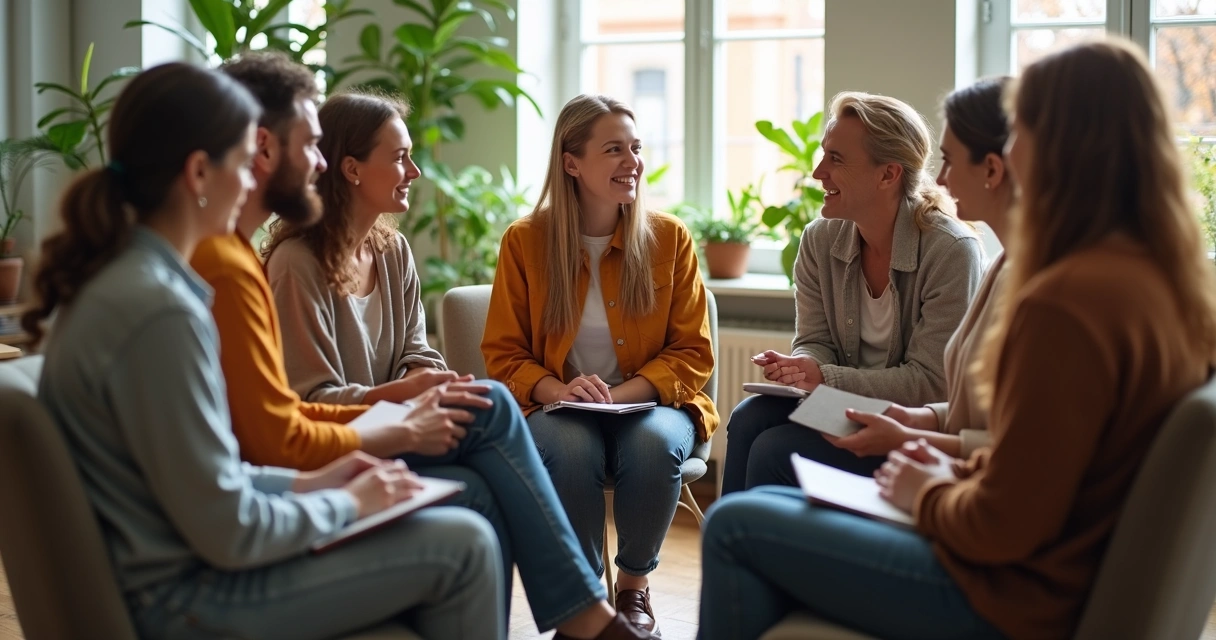 Equipo en una reunión compartiendo emociones en círculo 