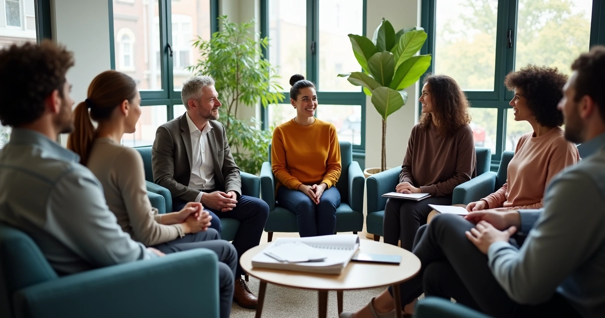 Personas sentadas en círculo compartiendo emociones en una reunión de trabajo 