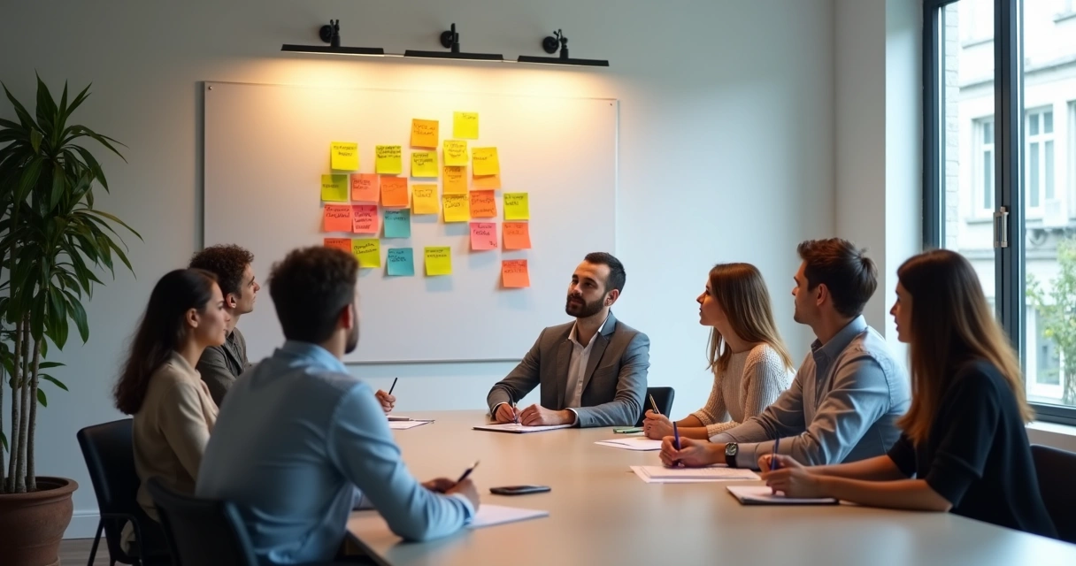Personas en una sala de juntas analizando emociones del equipo