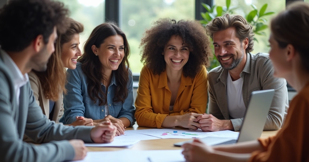 Equipo reunido conversando con distintas expresiones faciales