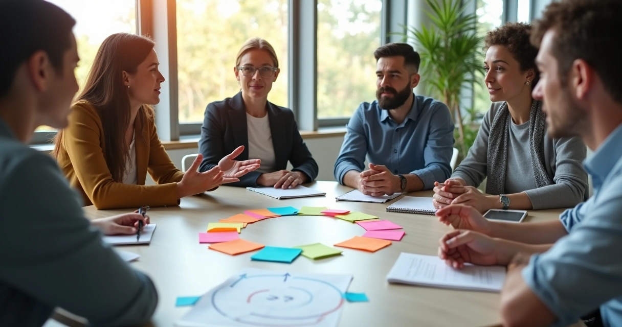 Equipo de trabajo en reunión transformando tensión en colaboración positiva 