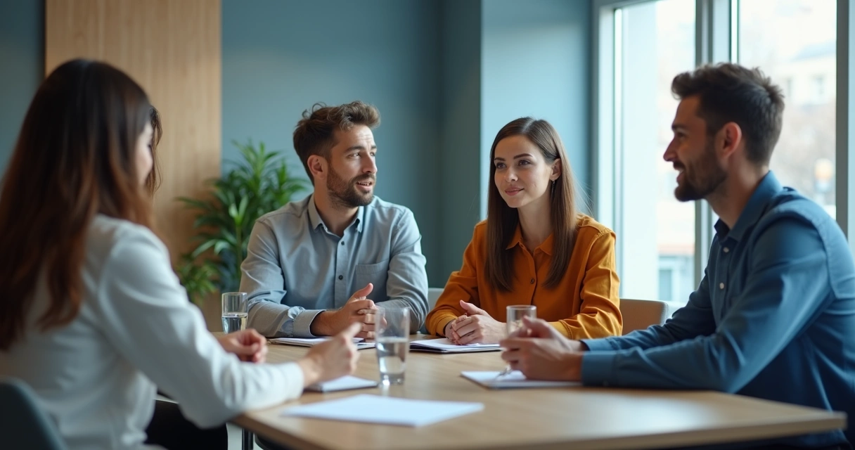 Equipo conversando con atención en una reunión de trabajo