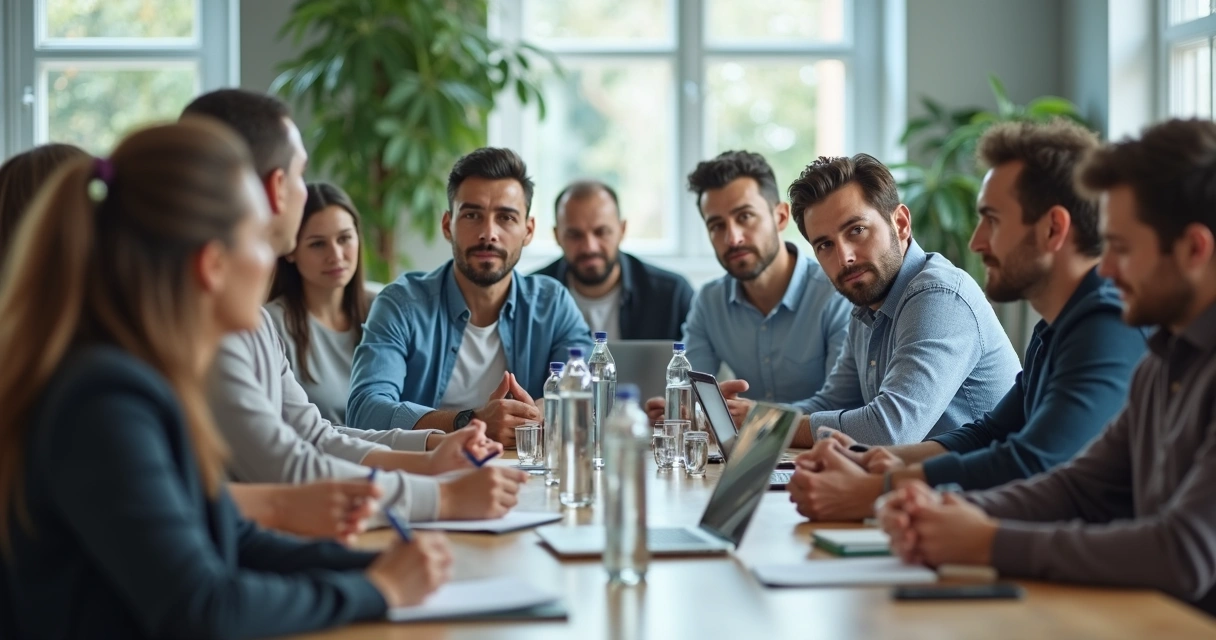 Grupo de personas en reunión escuchando con atención a un compañero
