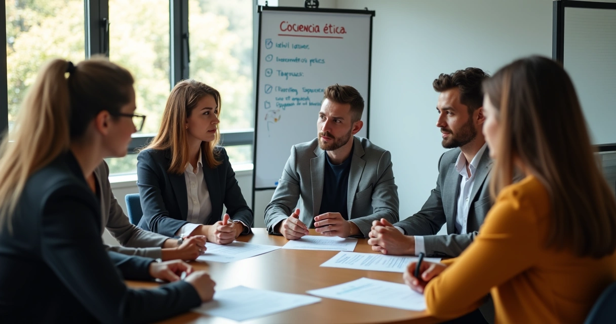 Grupo diverso de profesionales en ronda de reunión discutiendo ética 
