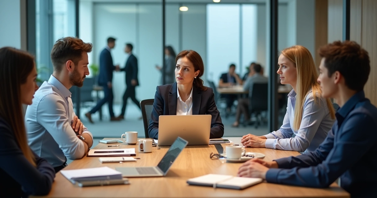 Equipo de trabajo en reunión con una persona aislada y tensiones sutiles en la mesa 