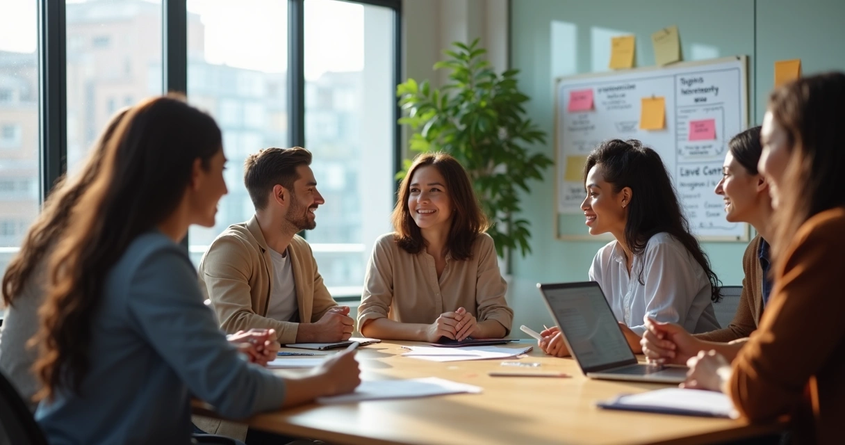 Equipo diverso en reunión mostrando cultura organizacional madura 