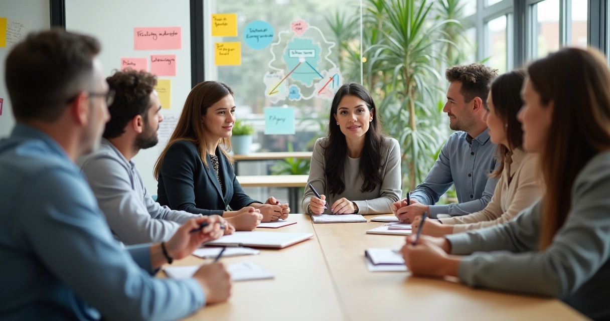 Equipo diverso en reunión relajada mostrando madurez emocional en la oficina 