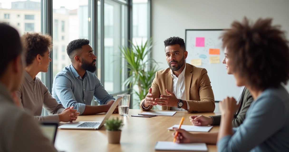 Equipo en reunión con líder facilitando conversación calmada 
