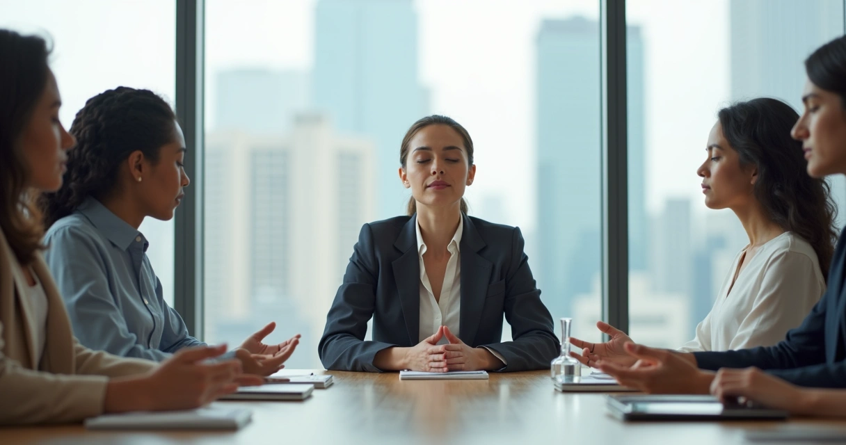 Equipo en reunión de trabajo practicando respiración consciente en una sala de oficina luminosa 