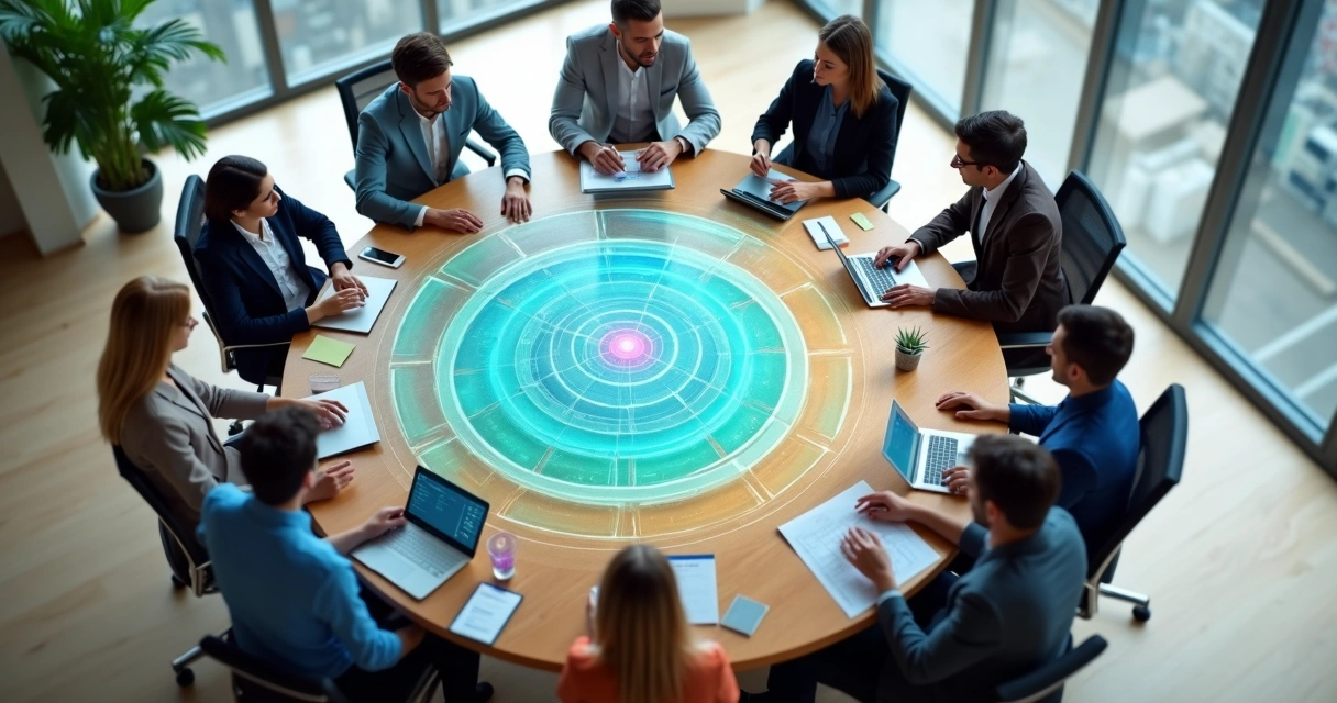 Equipo diverso visto desde arriba colaborando en torno a una mesa redonda moderna 