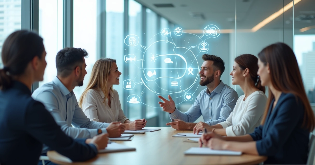 Equipo de trabajo reunido en mesa redonda generando confianza 