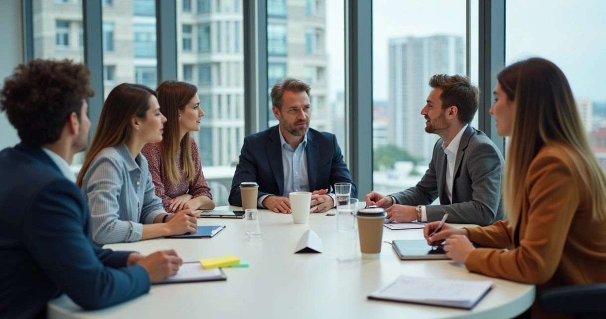 Personas de diferentes profesiones conversando sentados alrededor de una mesa 