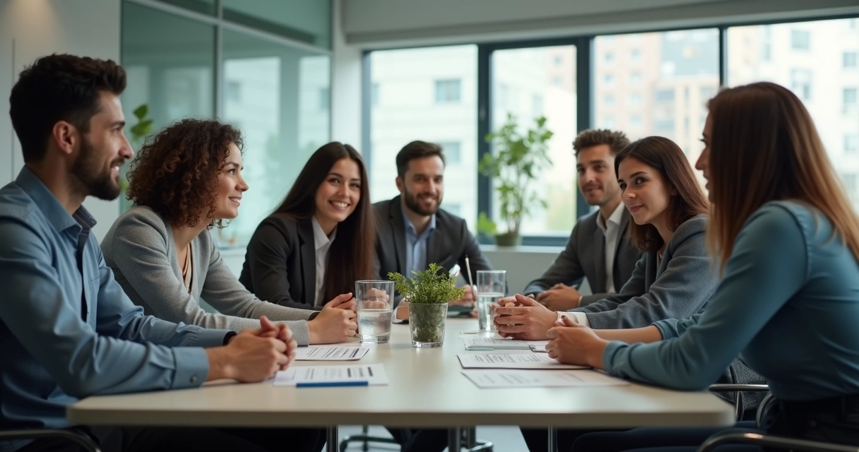 Personas reunidas en una mesa de oficina, participando en una discusión de trabajo. 