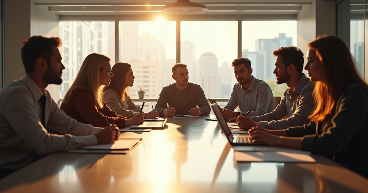Personas sentadas en una mesa de reuniones observando y escuchando atentamente 