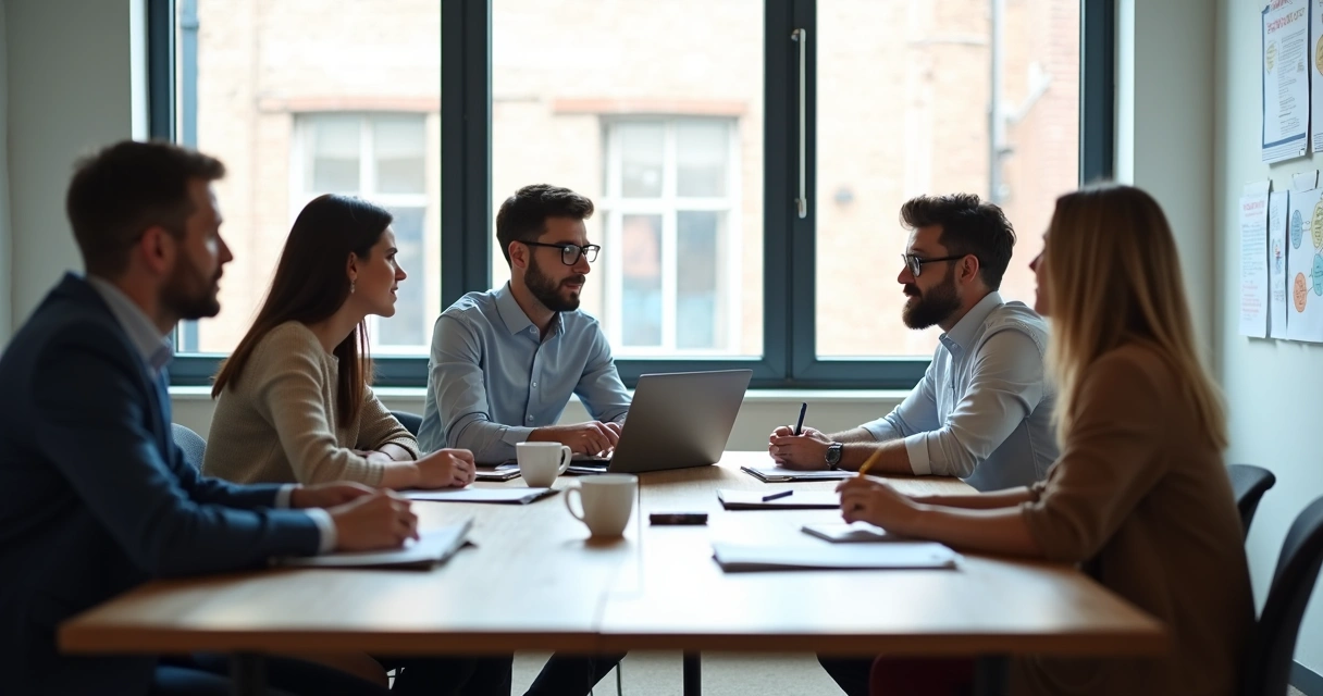 Personas en oficina alrededor de una mesa, conversando sobre trabajo 
