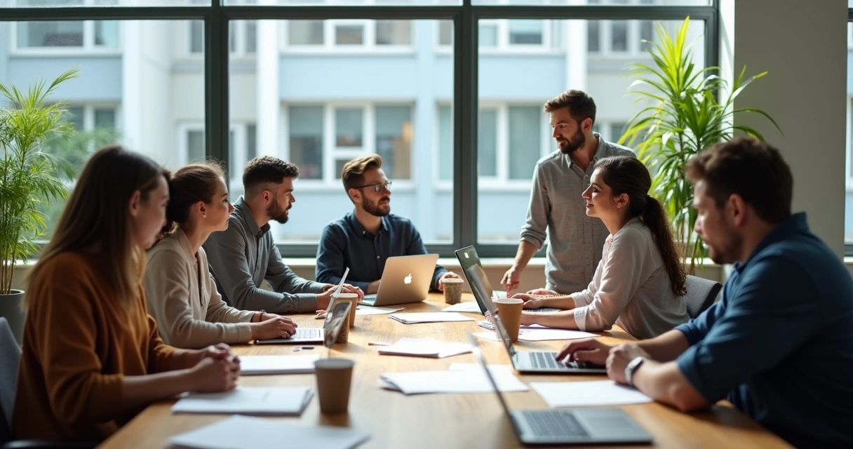 Grupo de trabajo en oficina reunido alrededor de una mesa 