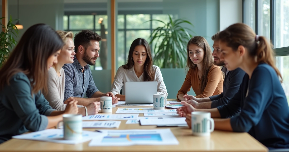 Equipo de trabajo reunido alrededor de una mesa en una oficina moderna 