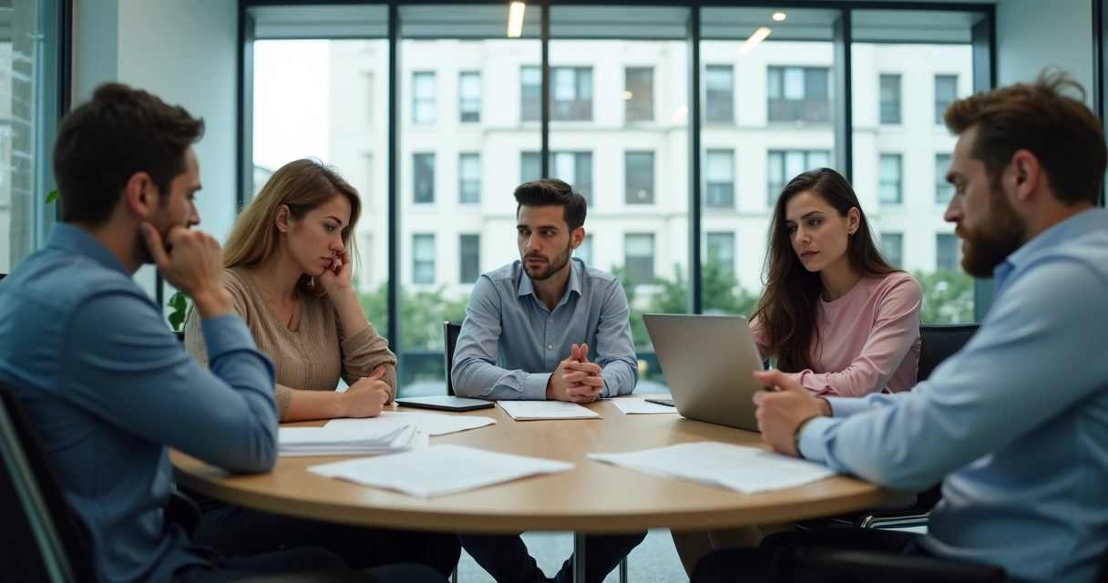 Personas sentadas en mesa redonda con expresión seria durante reunión 