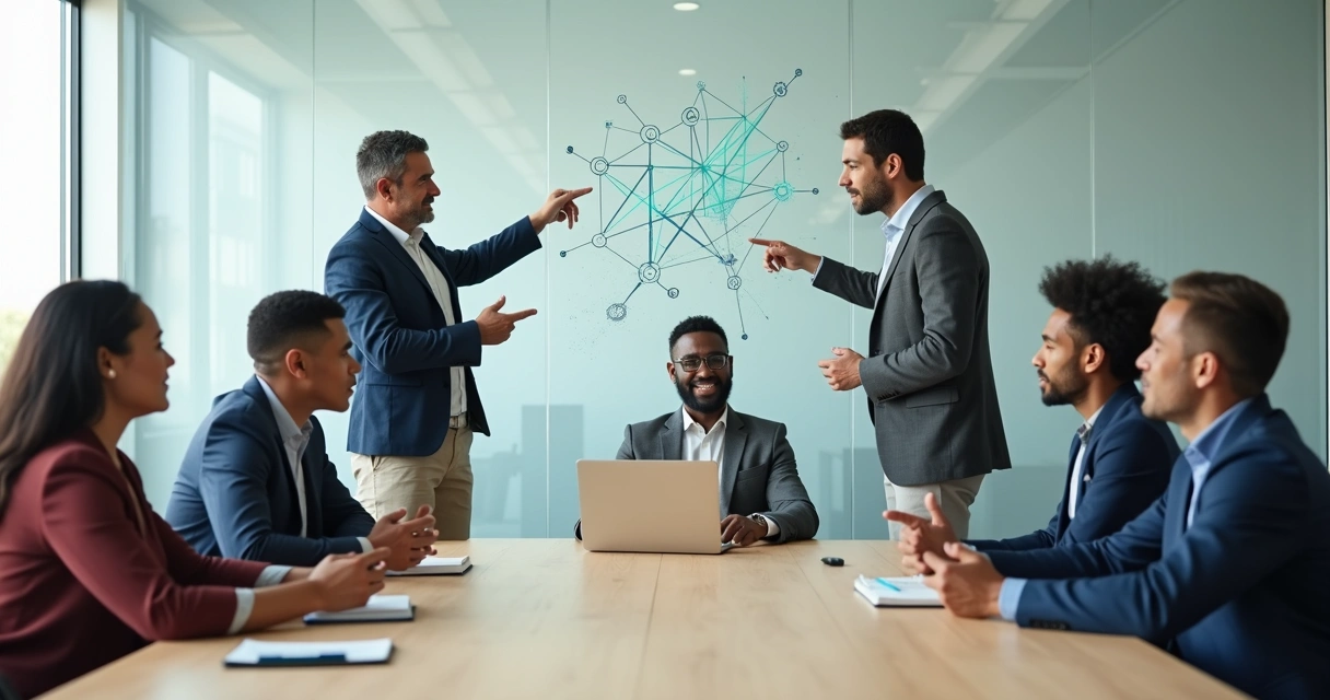 Equipo de trabajo en reunión observando patrones invisibles en una pared de cristal 