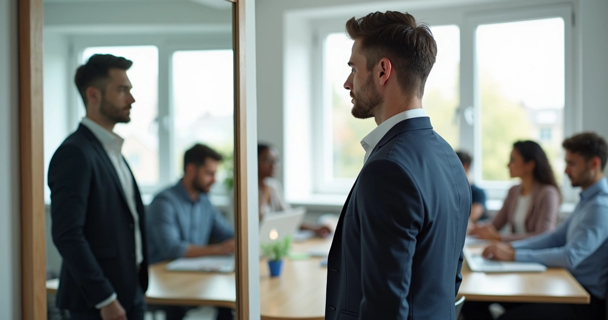 Profesional observando su reflejo en un espejo frente a un equipo reunido en oficina moderna 