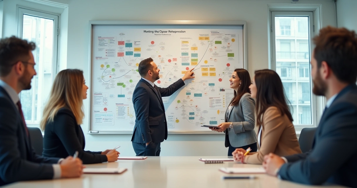 Equipo en reunión observando un mapa visual de relaciones organizacionales