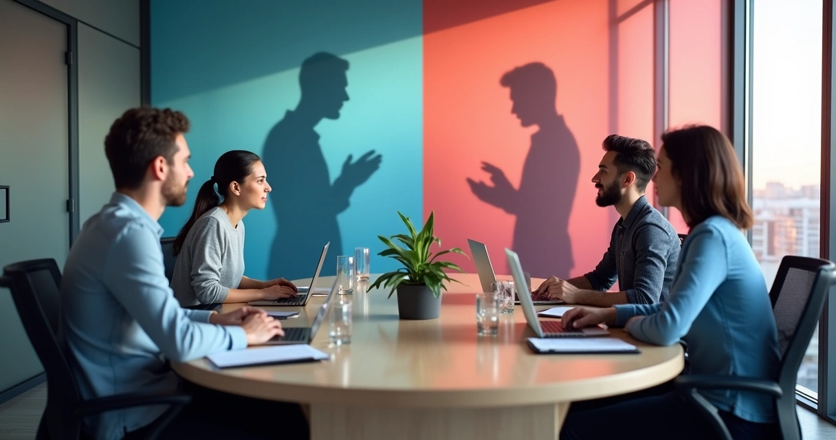 Equipo en mesa redonda con sombras proyectadas en colores contrastantes 