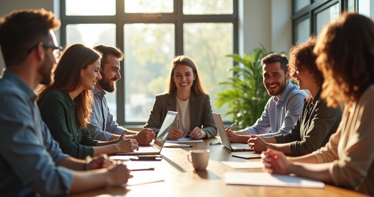 Personas en mesa de reunión, compartiendo documentos y sonriendo 