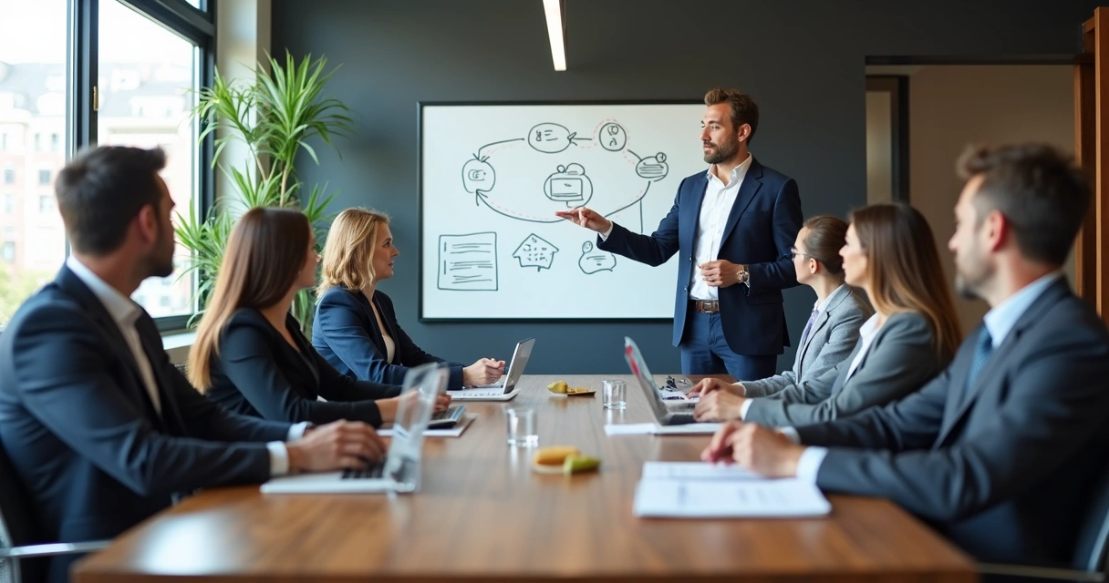 Grupo de líderes empresariales discutiendo en una sala de reuniones moderna. 