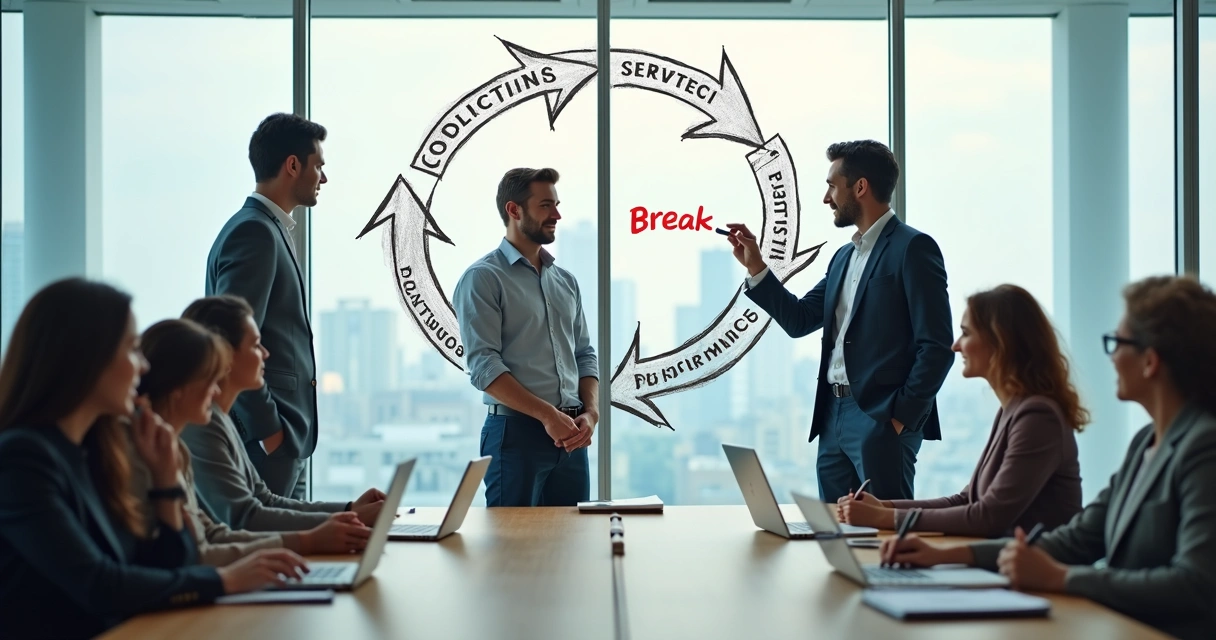 Equipo de trabajo rompiendo un círculo vicioso dibujado en una sala de reuniones 
