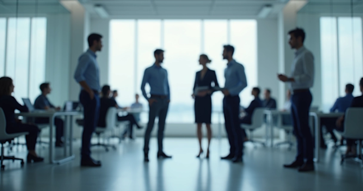 Equipo de oficina dividido en dos grupos pequeños, mirando en direcciones opuestas 