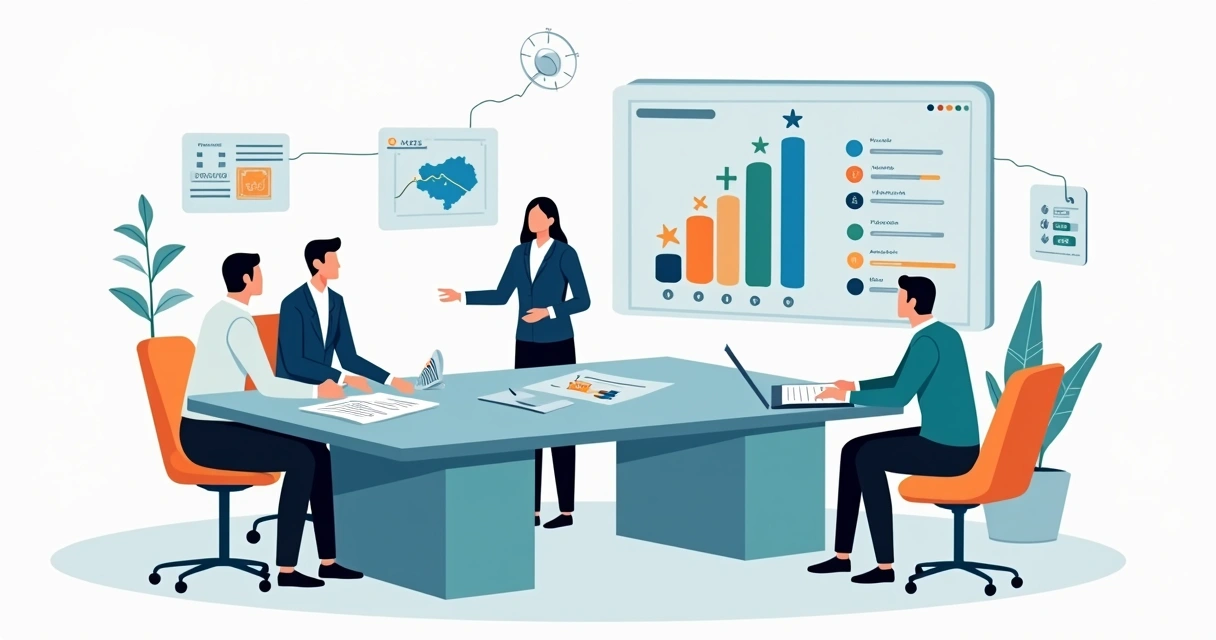 Equipo de recursos humanos definiendo bonos y objetivos variables en oficina moderna 