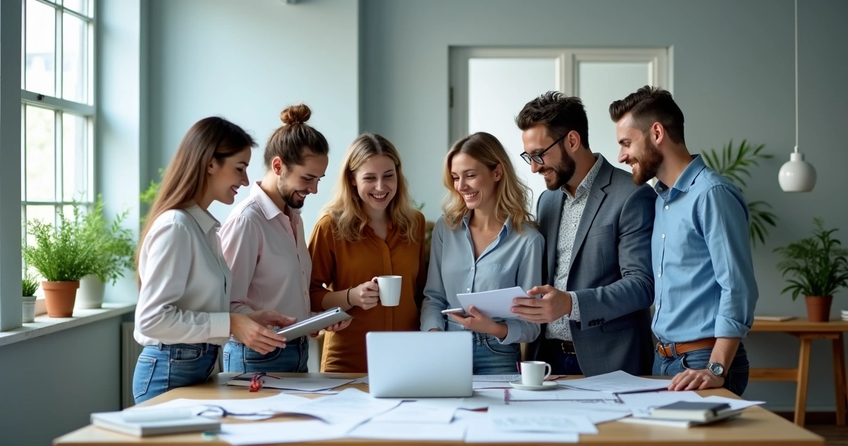 Equipo de trabajo en una oficina moderna sonriendo y colaborando juntos 
