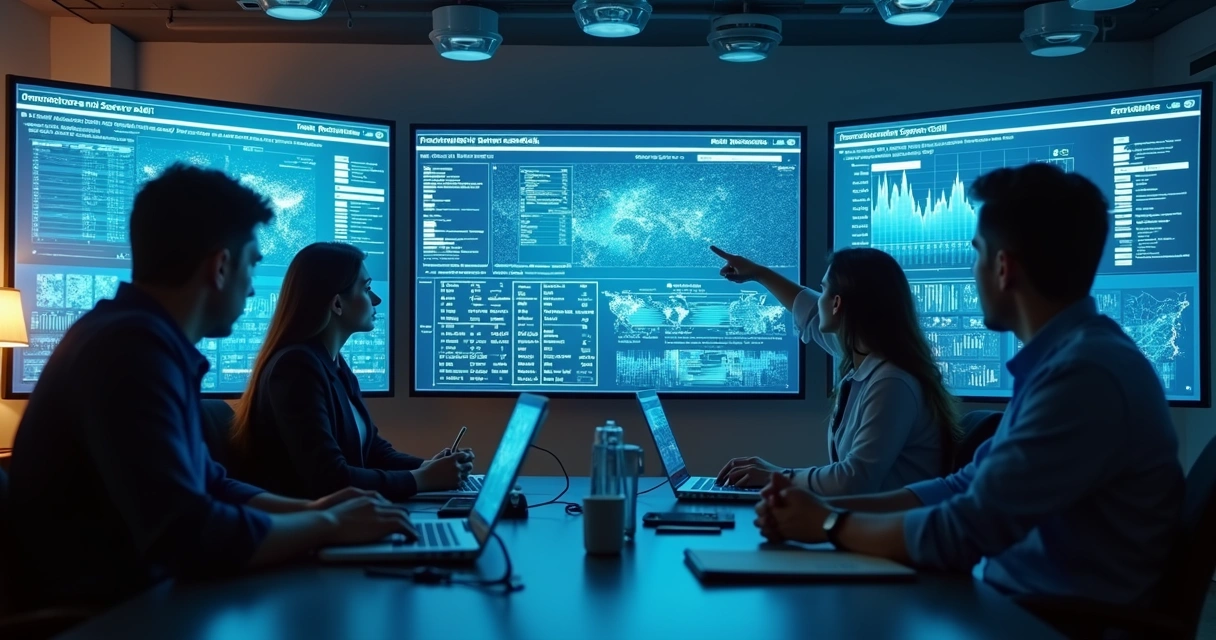 Equipo observando paneles de seguridad digital en una oficina