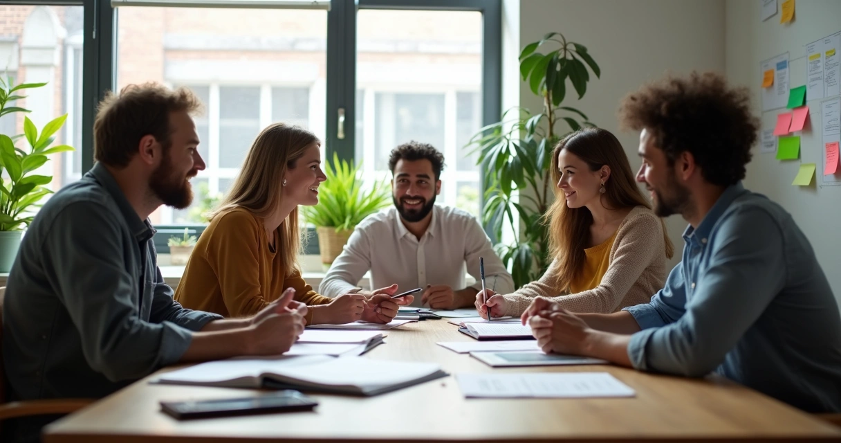 Personas en una reunión grupal compartiendo ideas de forma abierta 
