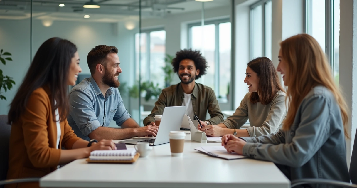 Equipo de oficina sonriendo mientras discuten juntos 