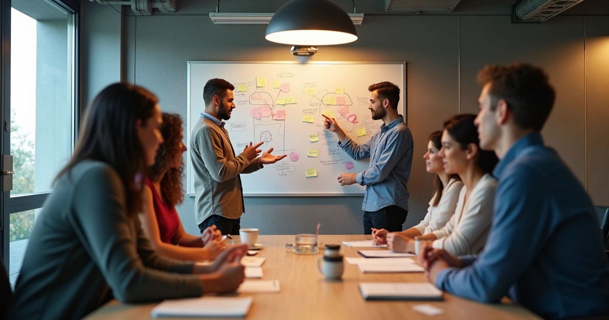 Grupo de personas en una sala de reuniones, cooperando y apuntando soluciones en una pizarra 